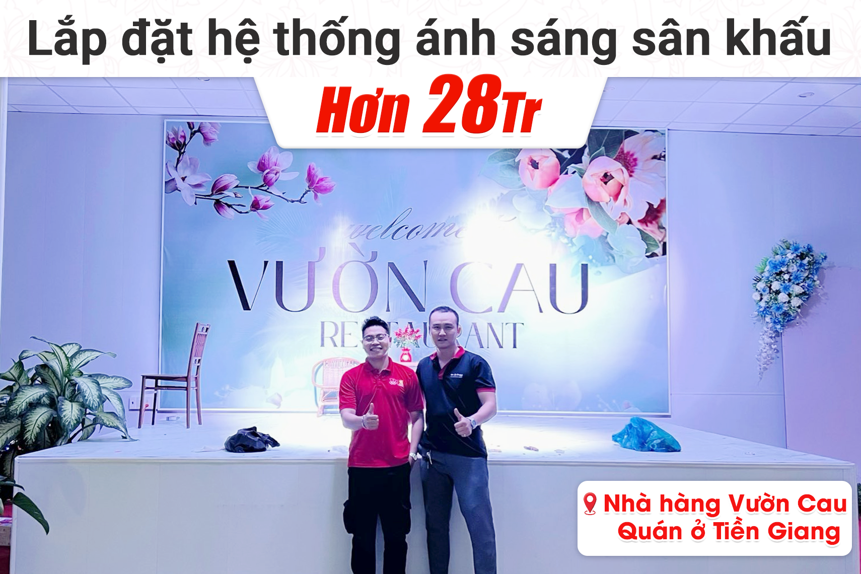 Lắp đặt hệ thống ánh sáng đèn sân khấu hơn 28tr cho nhà hàng Vườn Cau Quán tại Tiền Giang (ZDGL ZD-YT230, ZD-P005, ZD-K6, 240 DMX, F-1500)