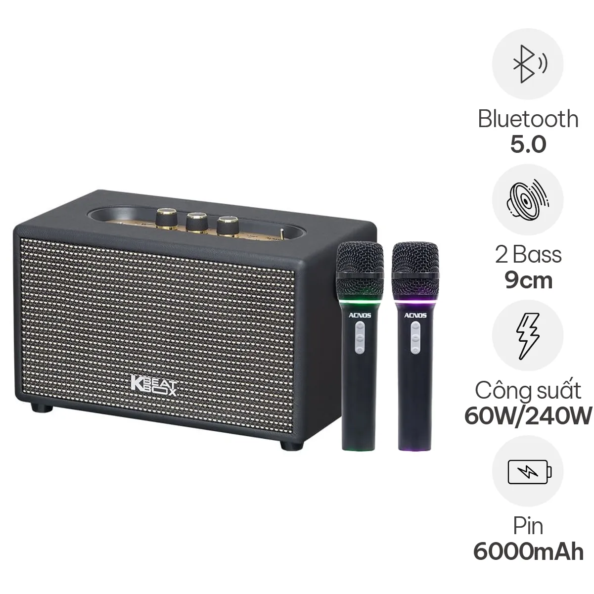 Loa xách tay Acnos S60 (New 2026, 240W, Bluetooth 5.0, Kèm 2 tay micro)