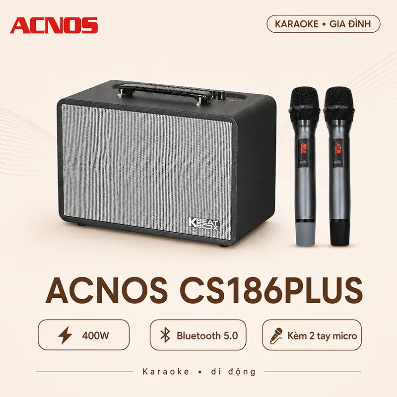 Loa Acnos CS186Plus (New 2026, 400W, Bluetooth 5.0, Kèm 2 tay micro)