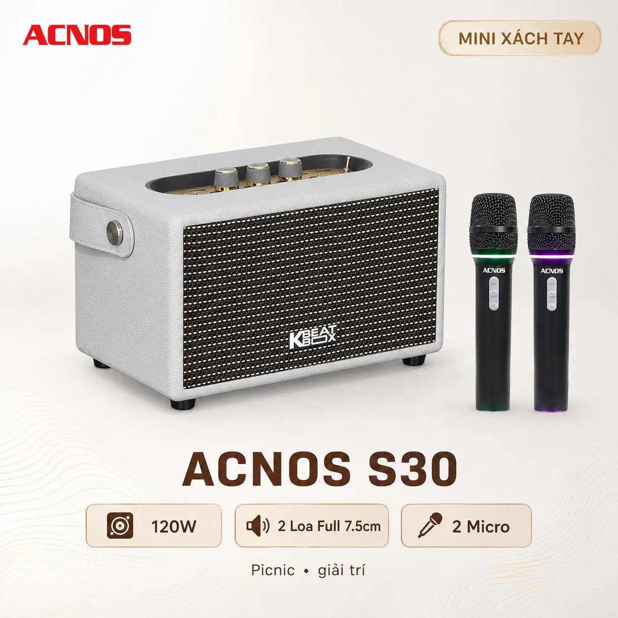 Loa xách tay Acnos S30 (New 2026, 120W, Bluetooth 5.0, Kèm 2 tay micro)
