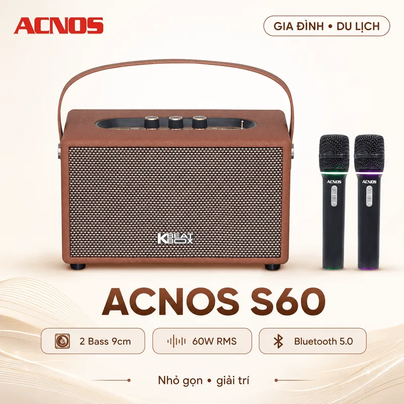 Loa xách tay Acnos S60 (New 2026, 240W, Bluetooth 5.0, Kèm 2 tay micro)