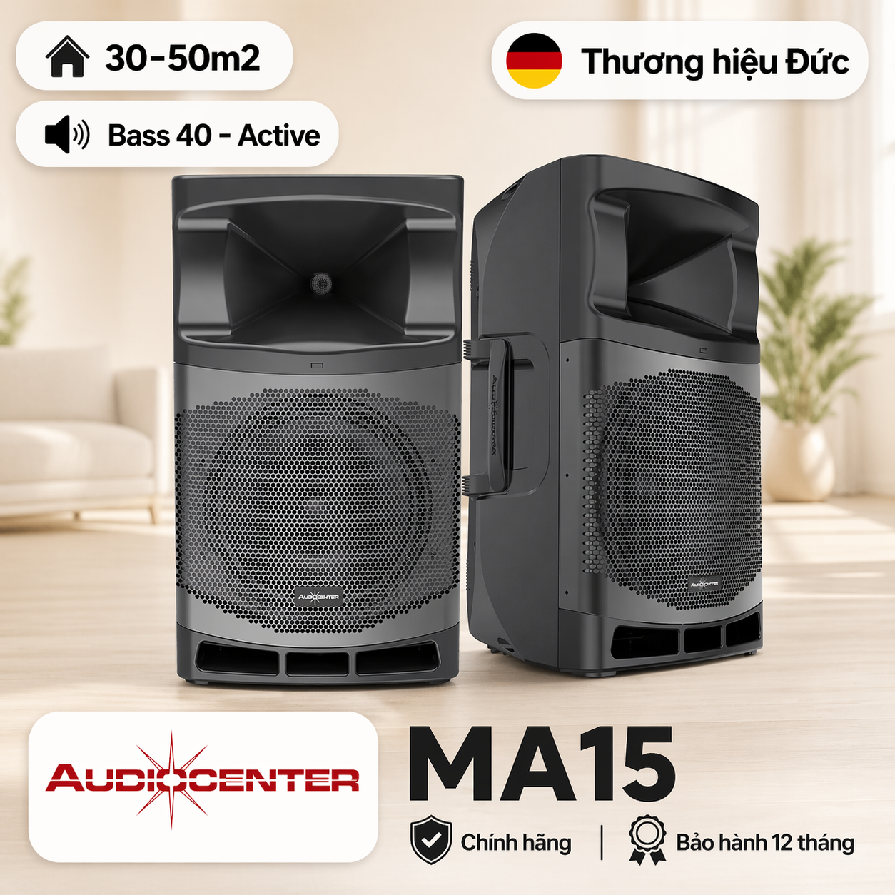 Loa Audiocenter MA15 (Active, Bass 40cm, 1600W, 134dB, Bluetooth, DSP)