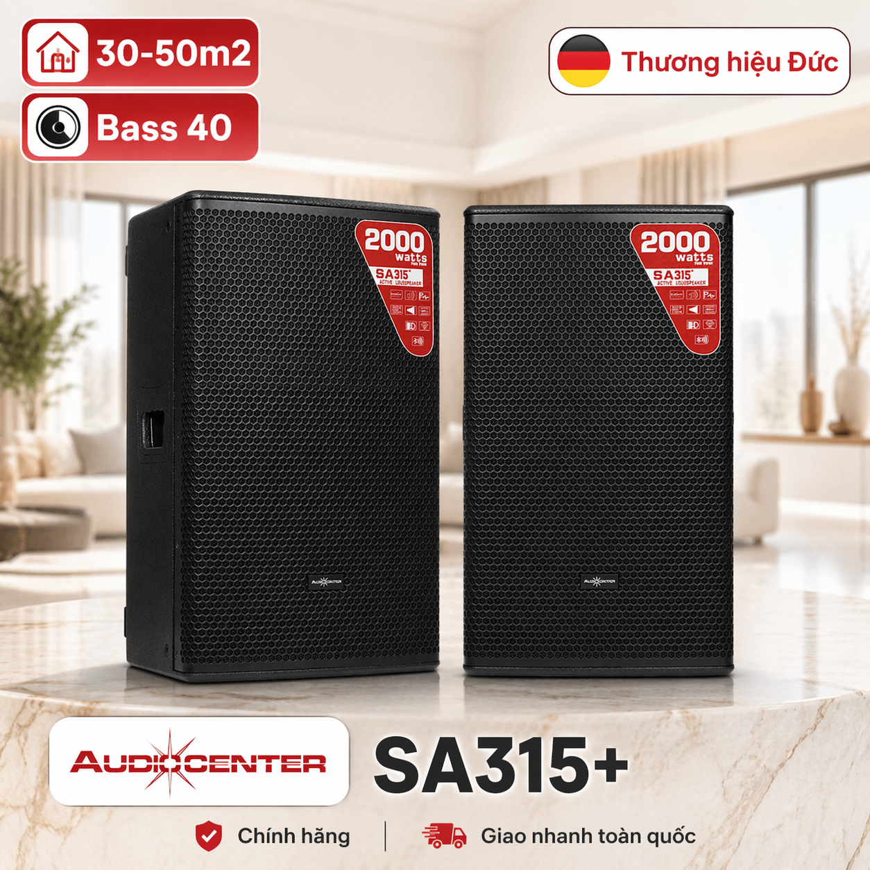  Loa Audiocenter SA315+ (Active, Bass 40cm, 2000W, 134dB, Bluetooth, DSP) 