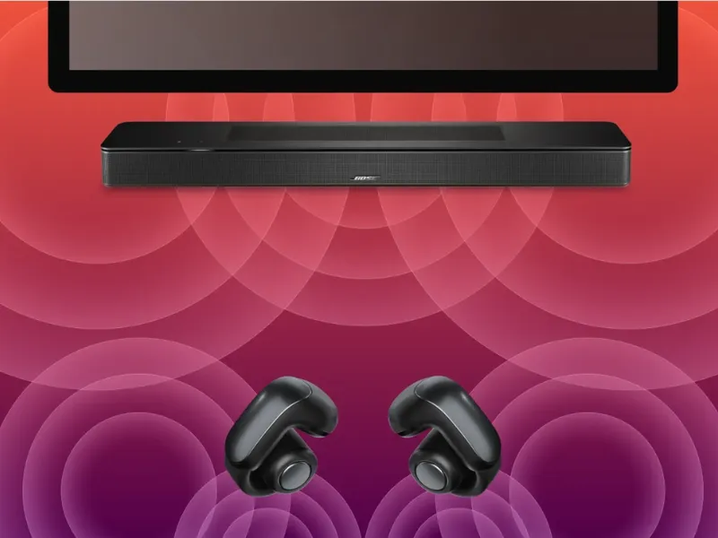H&igrave;nh minh họa soundbar Bose c&ugrave;ng tai nghe Ultra Open
