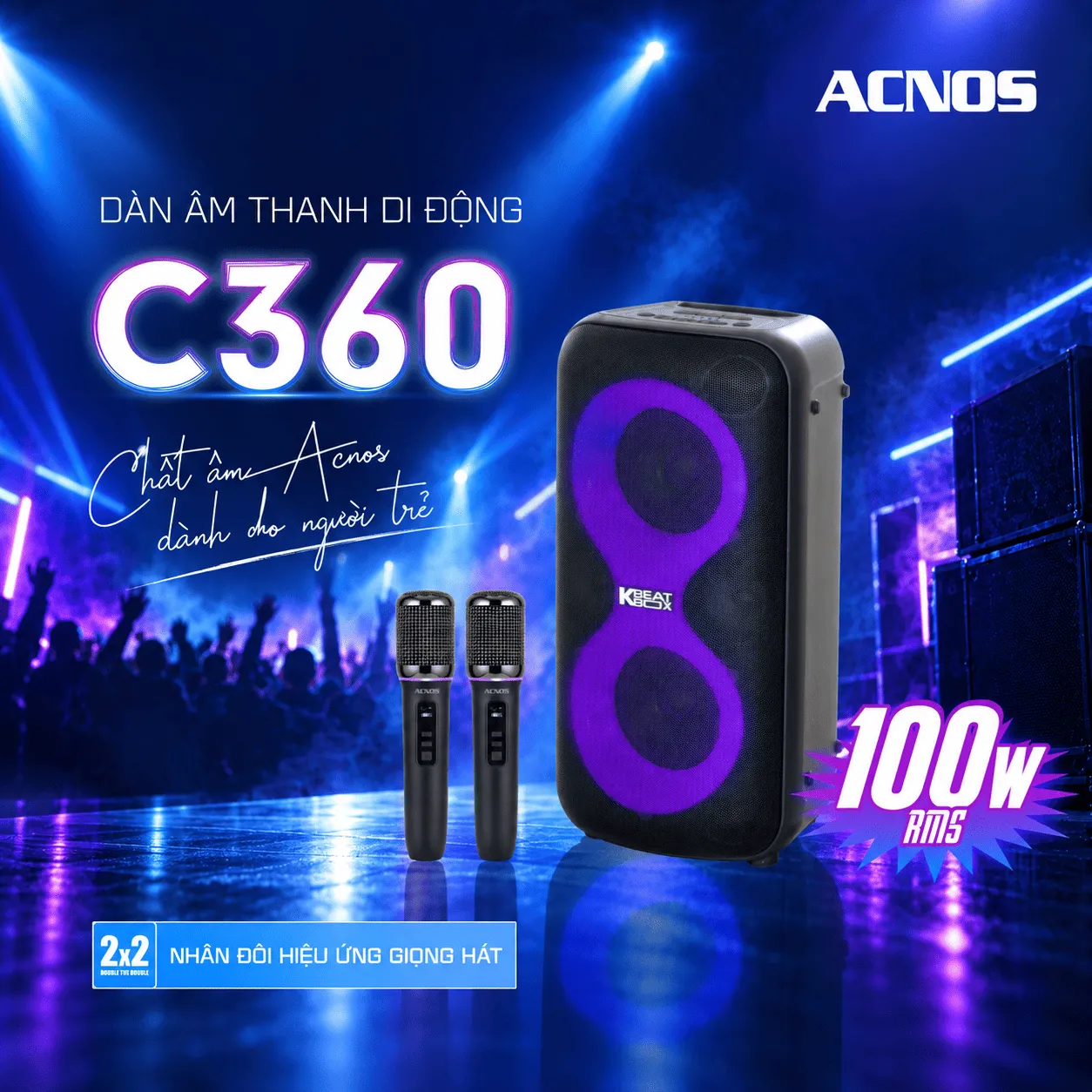 Loa kéo Acnos C360 (New 2026, 100W RMS, Kèm 2 tay micro) - Hình 1