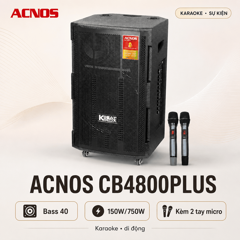 Loa Kéo Acnos CB4800Plus (Bass 40, 150W/750W, Kèm 2 tay micro)