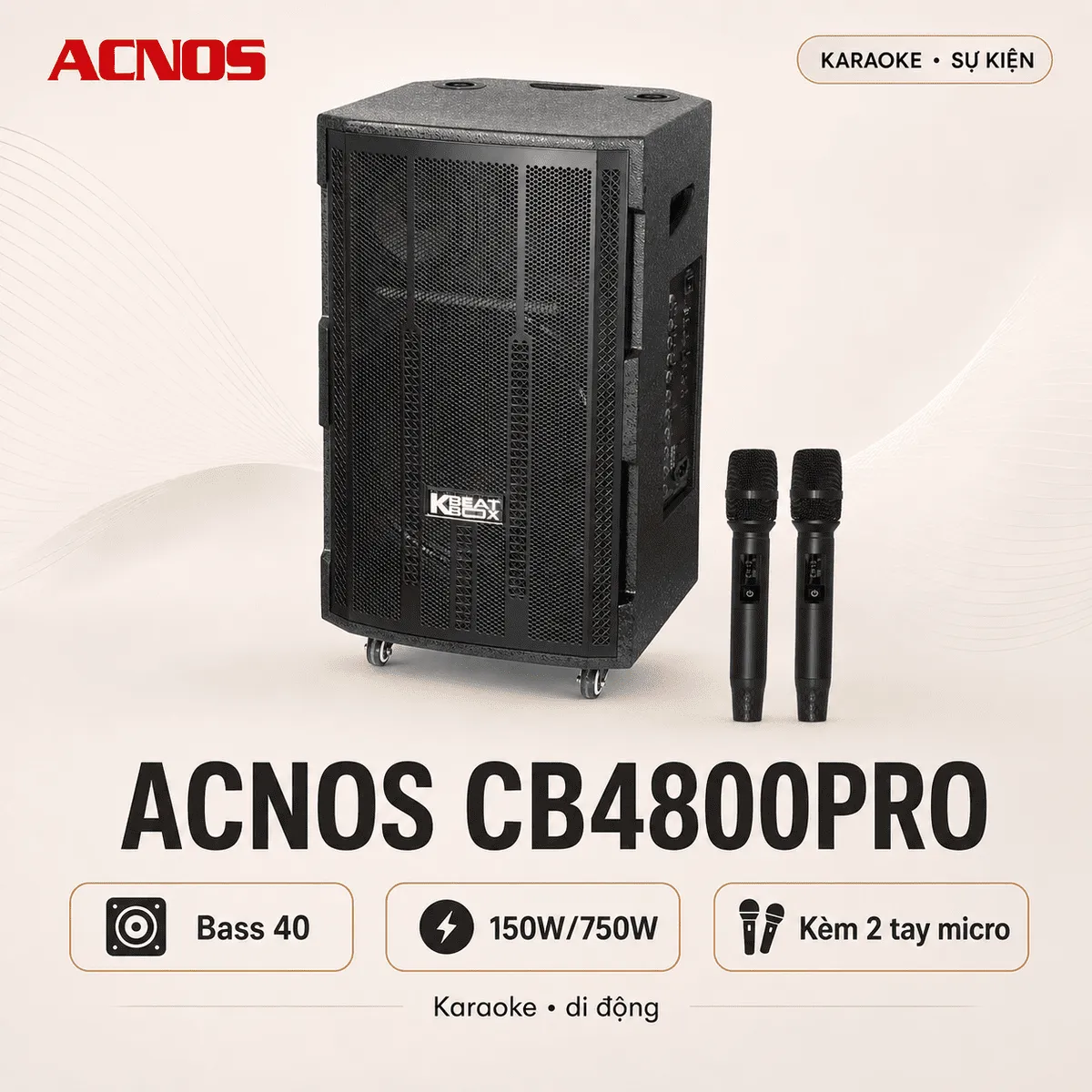 Loa kéo Acnos CB4800PRO (New 2026, Bass 40, 150W/750W, Kèm 2 tay micro)