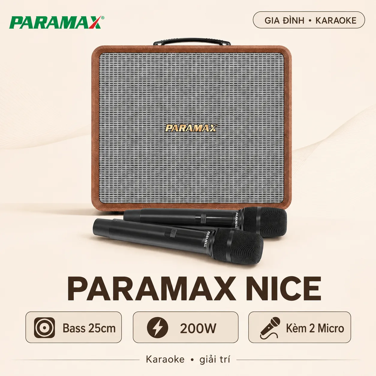 Loa Paramax Nice (Bass 25cm, 200W, Kèm 2 Micro)