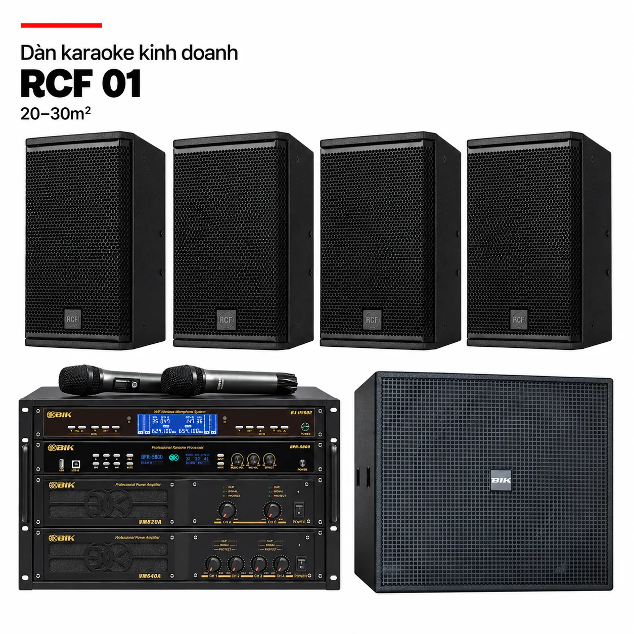 Dàn karaoke kinh doanh RCF 01 phòng 20–30m² với BIK VM640A, VM820A và tủ thiết bị