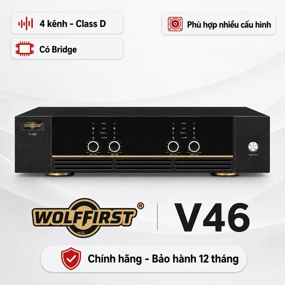 Cục đẩy 4 kênh Wolfirst V46 (600W, Class D, Có Bridge)
