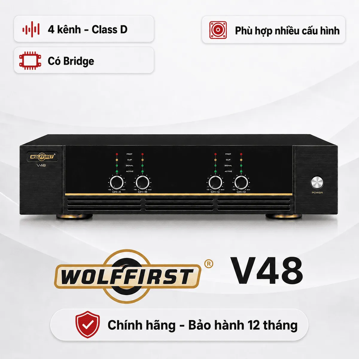 Cục đẩy 4 kênh Wolfirst V48 (800W, Class D, Có Bridge)