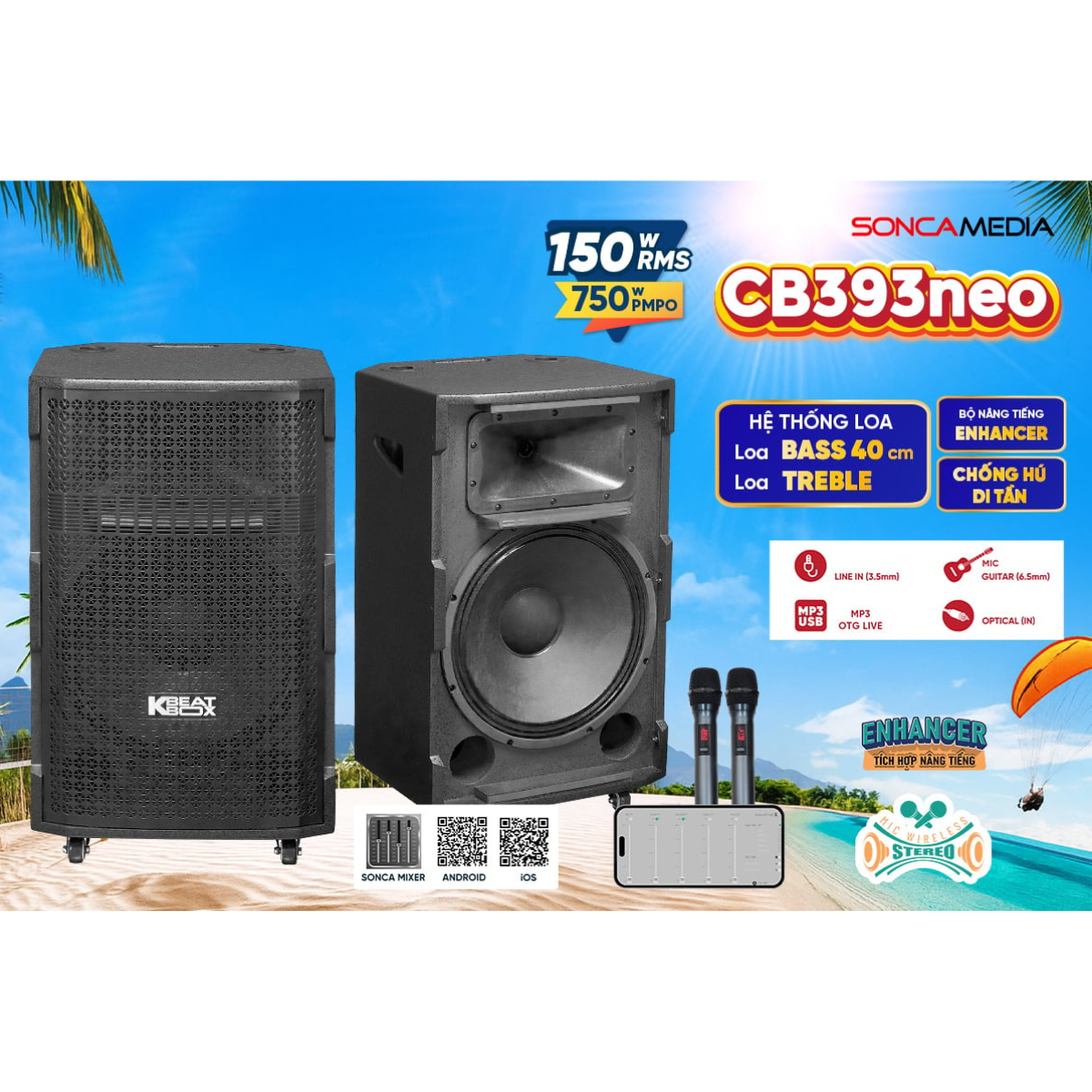 Loa kéo Acnos CB393neo (Bass 40cm, 150W/750W, Kèm 2 micro) - Hình 1