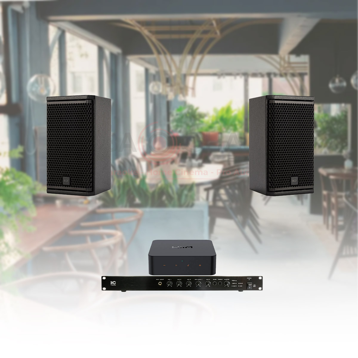 Hệ Thống Âm Thanh Nhạc Nền Quán Cafe, Nhà Hàng, Shop, Spa, tenis RCF 03 (RCF Compact M05, ITC T-B240D,WiiM Pro Plus)