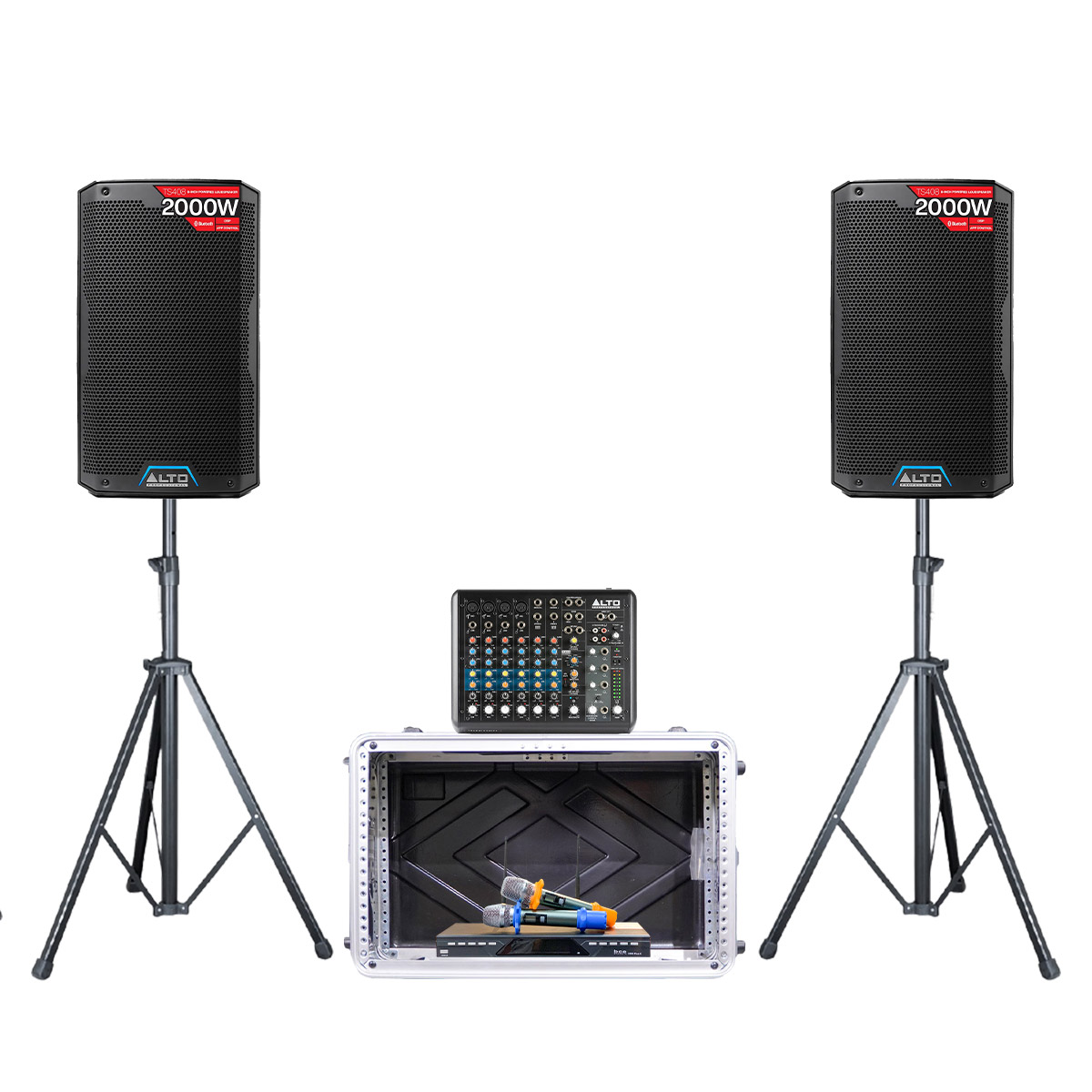 Dàn karaoke - Sân khấu Mini Alto 16 (Alto TS408, Alto TrueMix 800FX, BCE U900 Plus X, Tủ thiết bị ABS 6U, Chân loa)