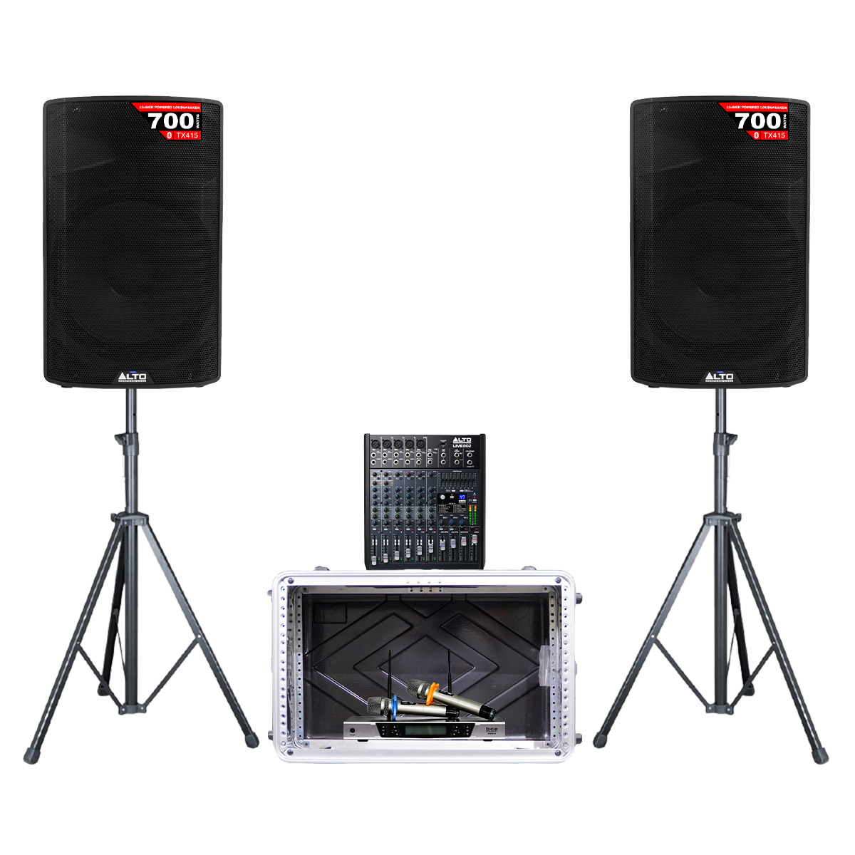 Dàn karaoke - Sân khấu Mini Alto 17 (Alto TX415, Alto Live 802, BCE UGX12, Tủ thiết bị ABS 6U, Chân loa )