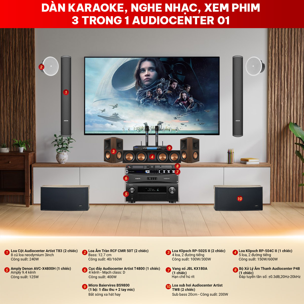 D&agrave;n karaoke, nghe nhạc, xem phim 3 trong 1 Audiocenter 01