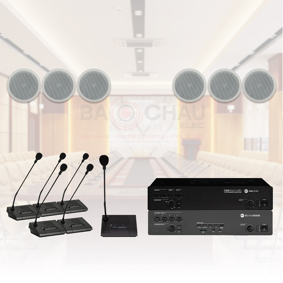 Hệ thống Âm thanh hội thảo, hội nghị, phòng họp lắp loa âm trần RCF 60-80m