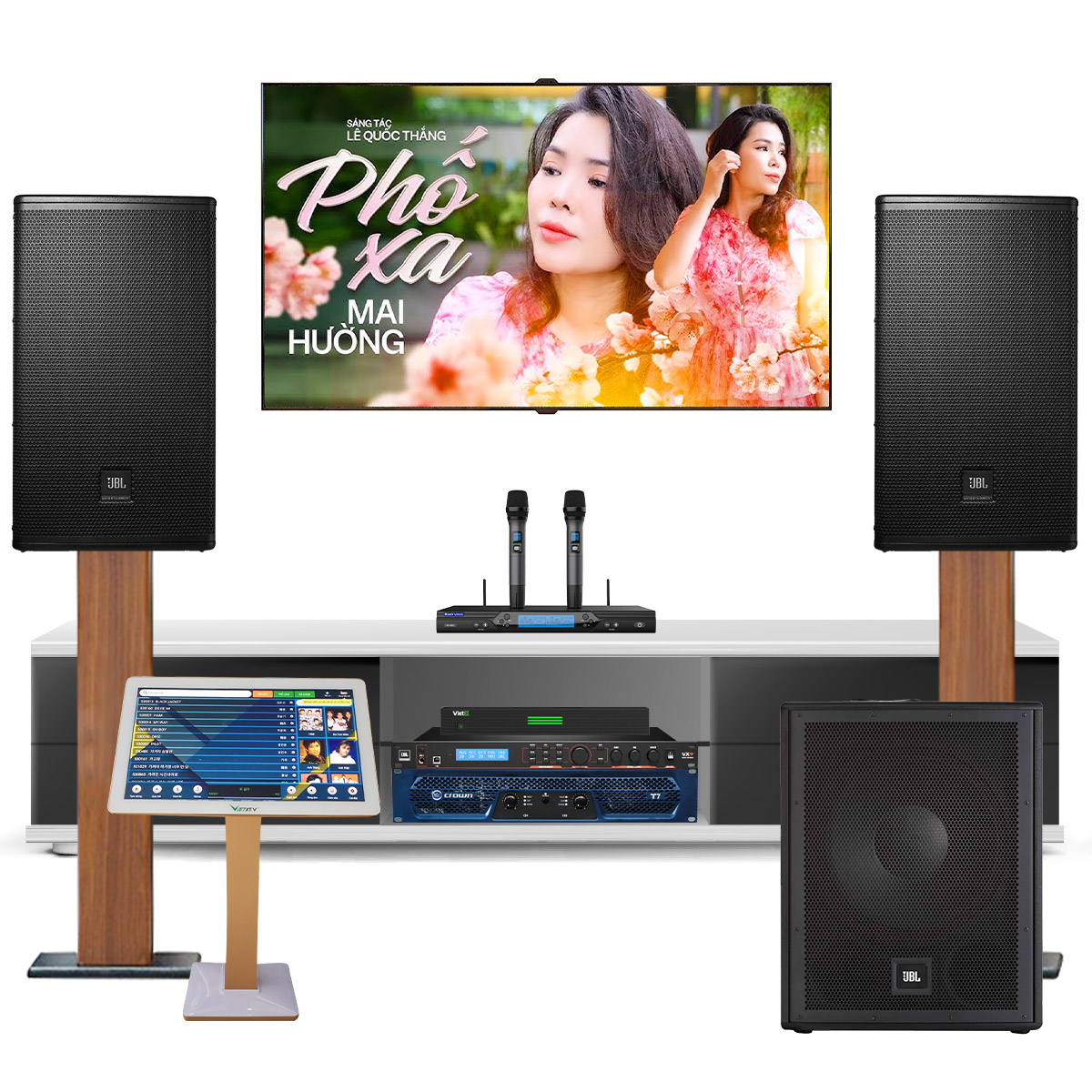 Dàn karaoke JBL cao cấp 20 (JBL MTS12, Crown T7, JBL VX9, JBL IRX115S, Baiervires BS9800, VietK 4K Plus 4TB,...)