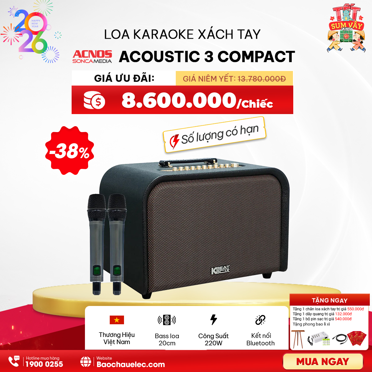 Loa Acnos Acoustic 3 Compact (New 2026, Bass 20cm, 220W, Quai Xách, Pin Rời, Kèm 2 micro) - Hình 1