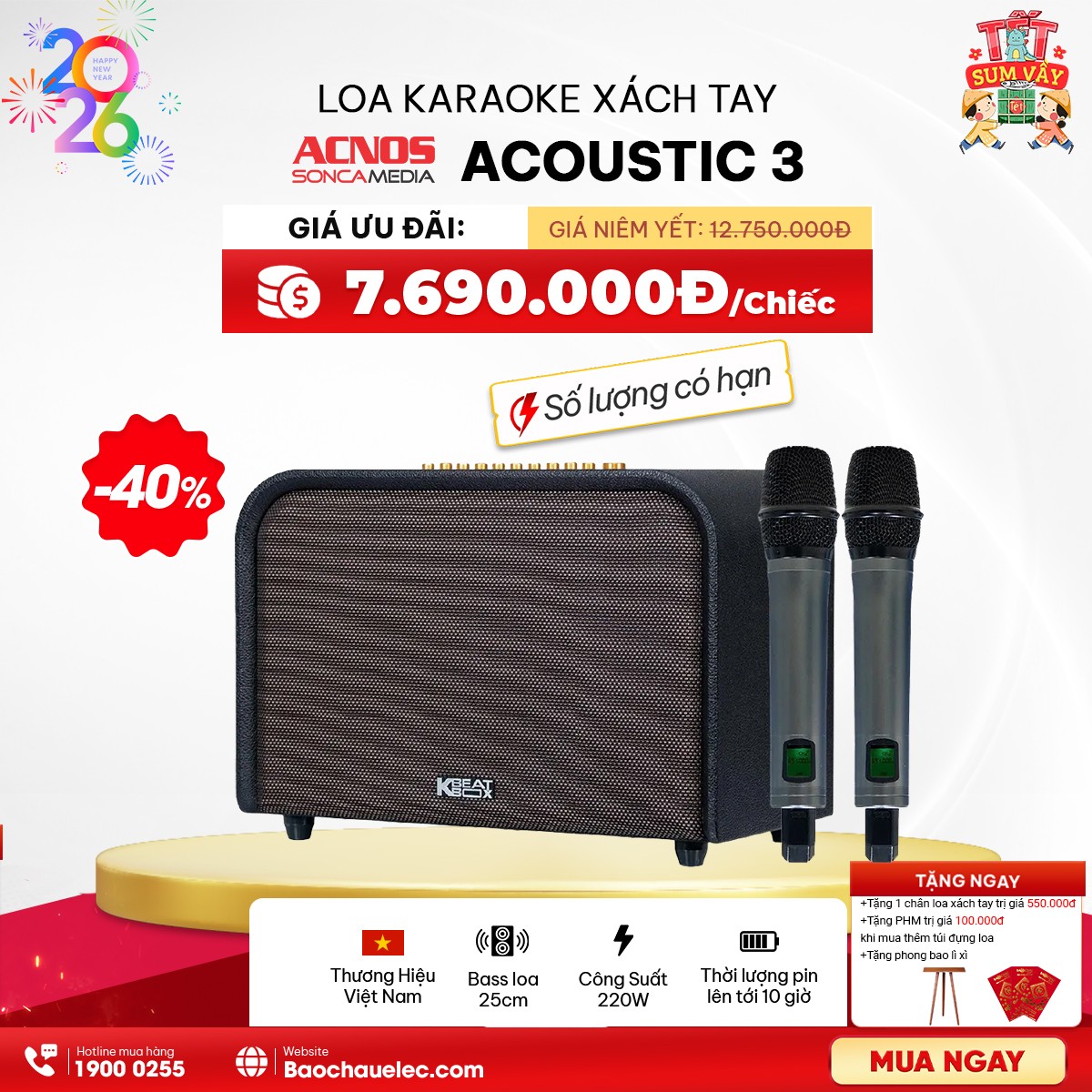 Loa Acnos Acoustic 3 (Bass 25cm, 220W, Kèm 2 micro) - Hình 1