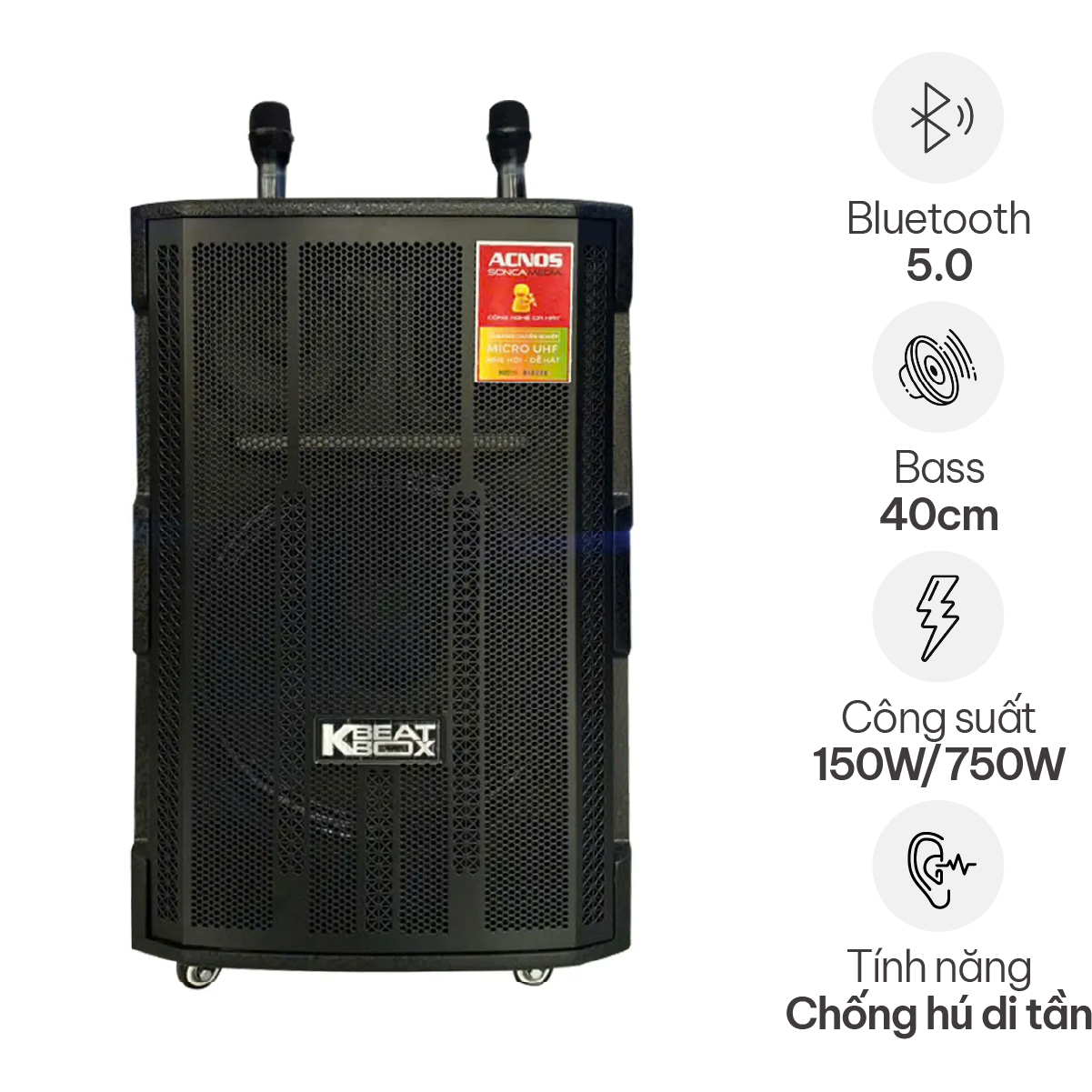 Loa Kéo Acnos CB4800Plus (New 2025, Bass 40, 150W/750W, Kèm 2 tay micro)