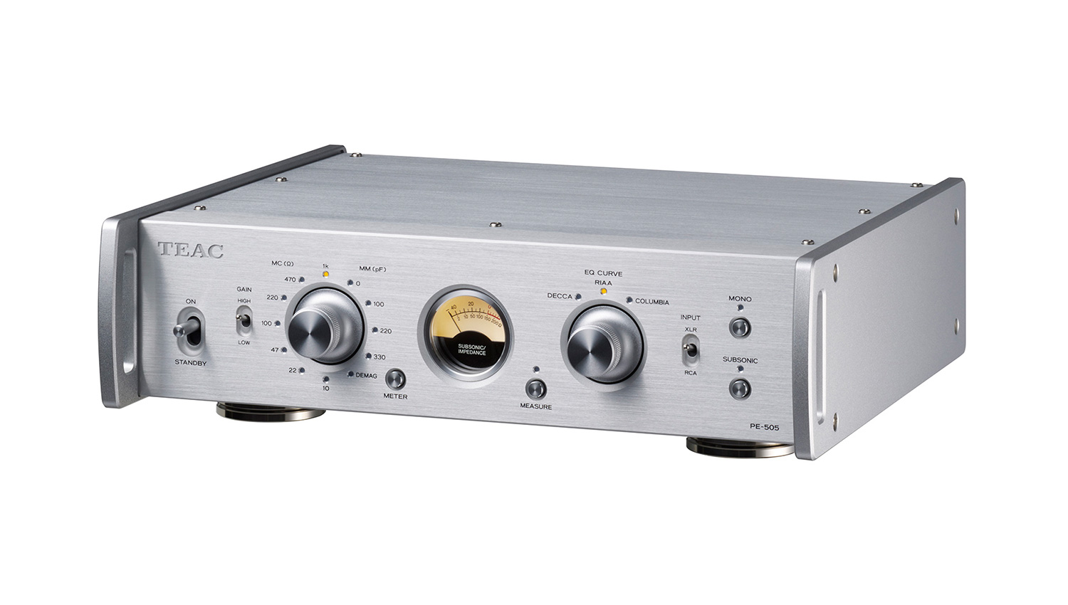 Amply Teac PE-505 silver nghiêng phải