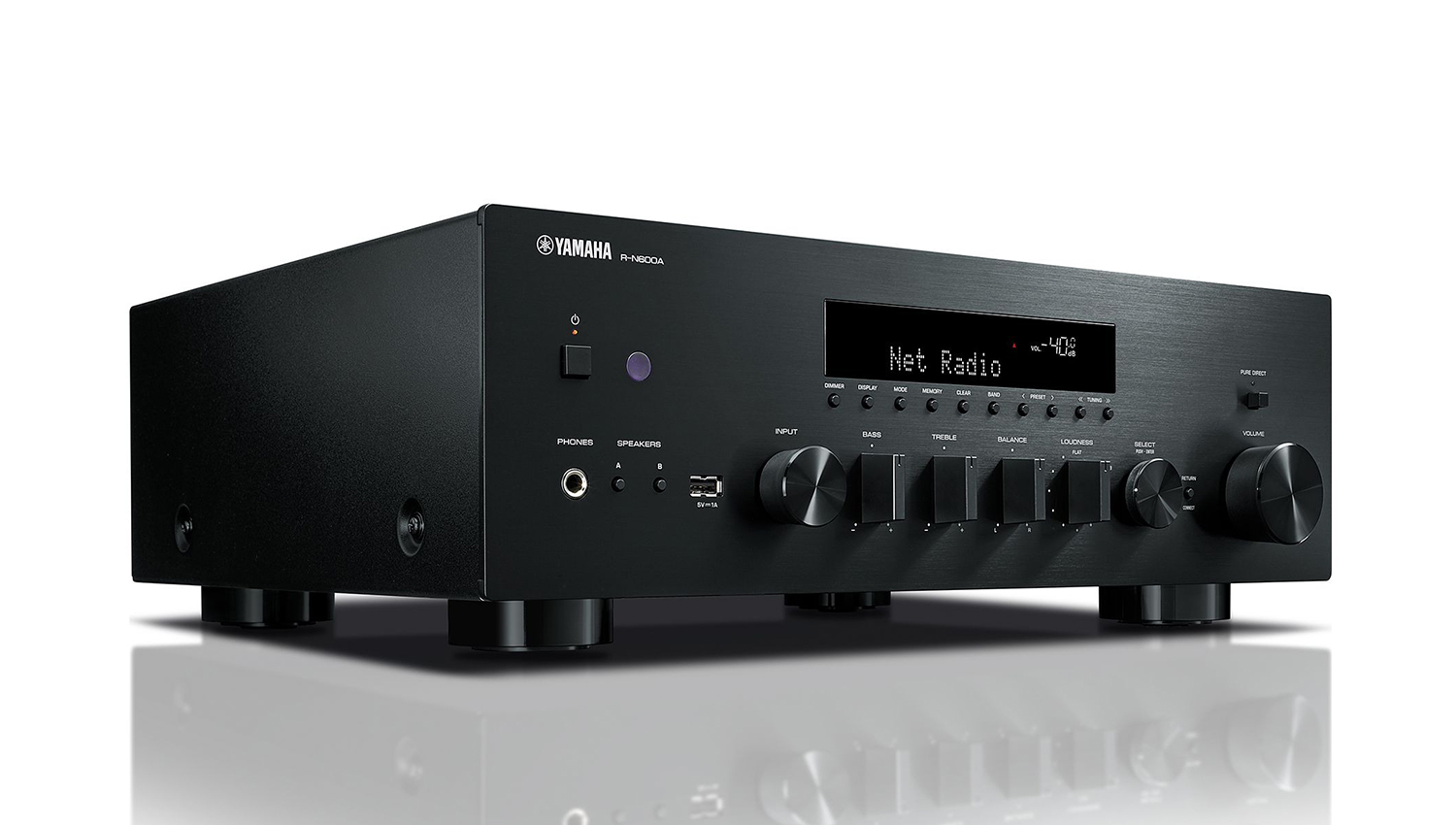 Amply Yamaha R-N600A black mặt nghiêng phải