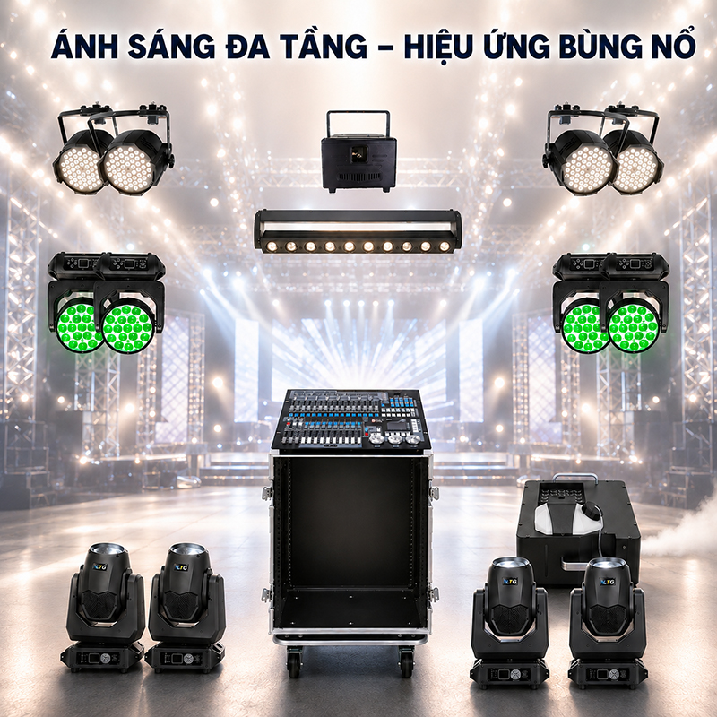 Combo đèn ánh sáng sân khấu, sự kiện, đám cưới 06 (VLTG LA550, Bksound 54C RGBW, Bksound LS19...)