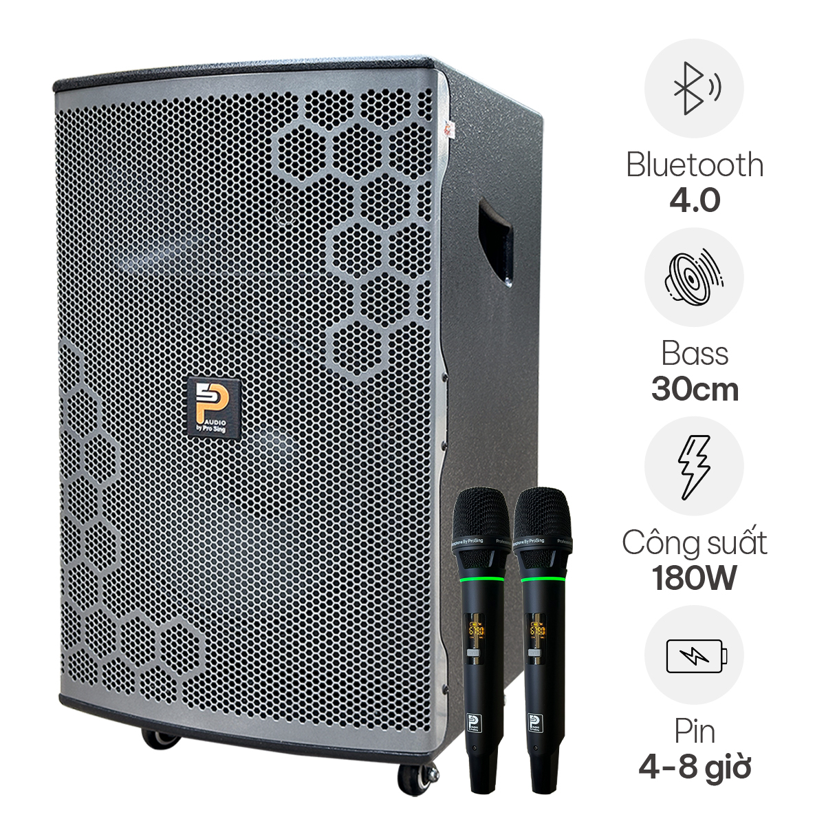 Loa Kéo Prosing W12 Bee (Bass 30cm, 180W, Kèm 2 Micro, Pin 4-8h)