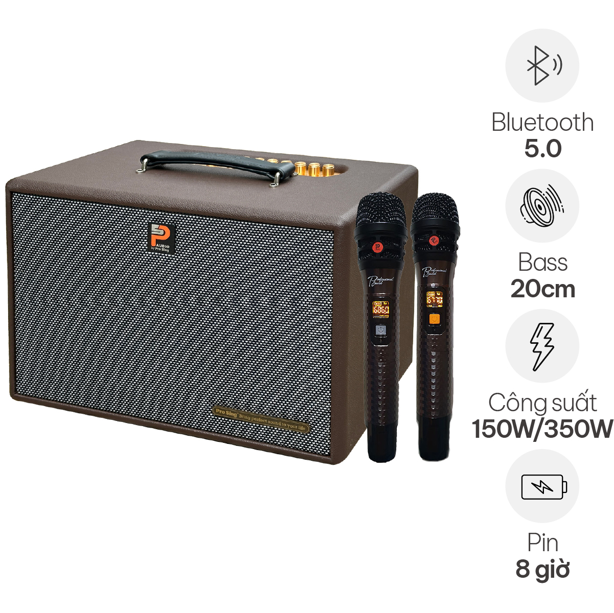 Loa Kéo Prosing W8 – KOR (Bass 20cm, 150W, Kèm 2 Micro, Pin 4-8h)