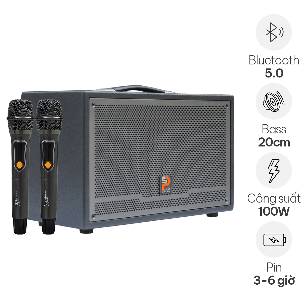Loa Kéo Prosing W8 Silver-E (Bass 20cm, 100W, Kèm Micro, Pin 3-6h)