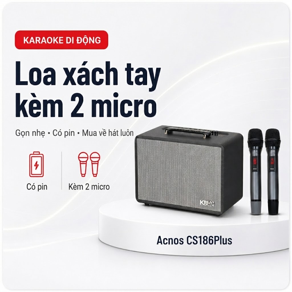 Loa Acnos CS186Plus (New 2026, 400W, Bluetooth 5.0, Kèm 2 tay micro)