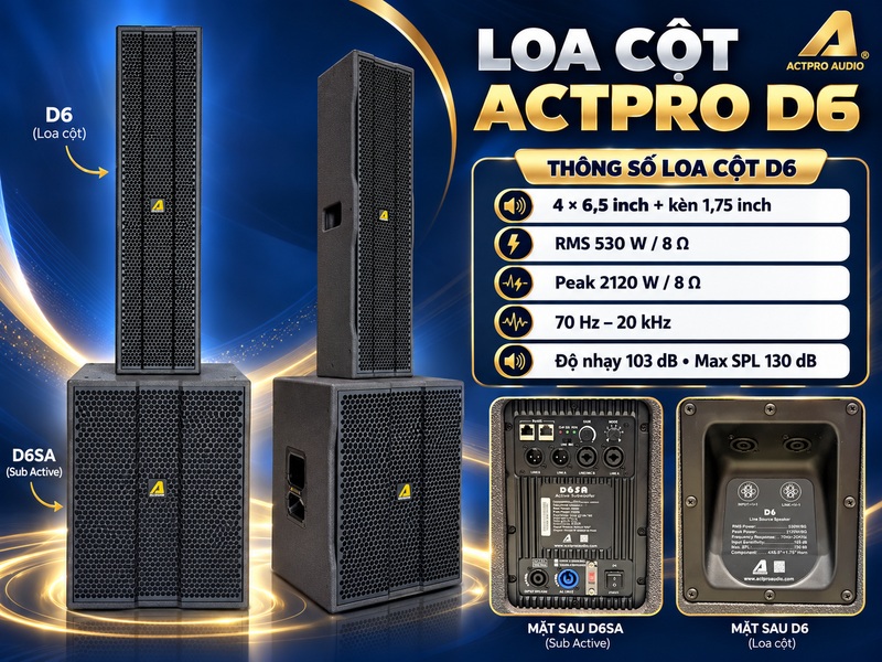 Loa cột Actpro D6: bốn loa 6,5 inch v&agrave; RMS 530 W