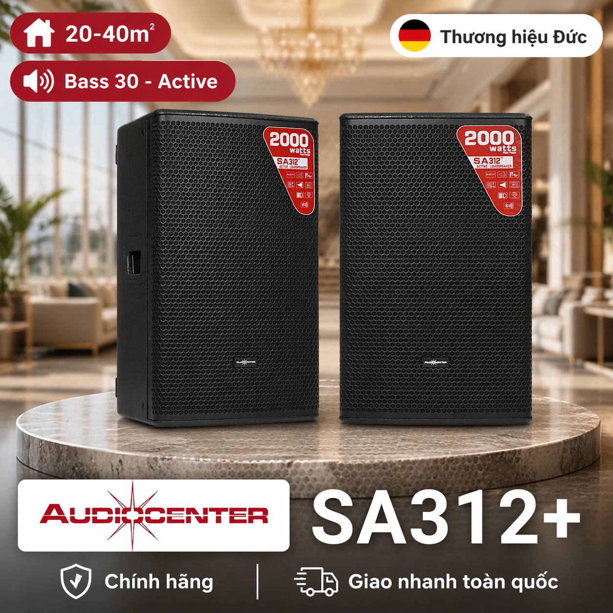 Loa Audiocenter SA312+ (Active, Bass 30cm, 2000W, 132dB, Bluetooth, DSP)