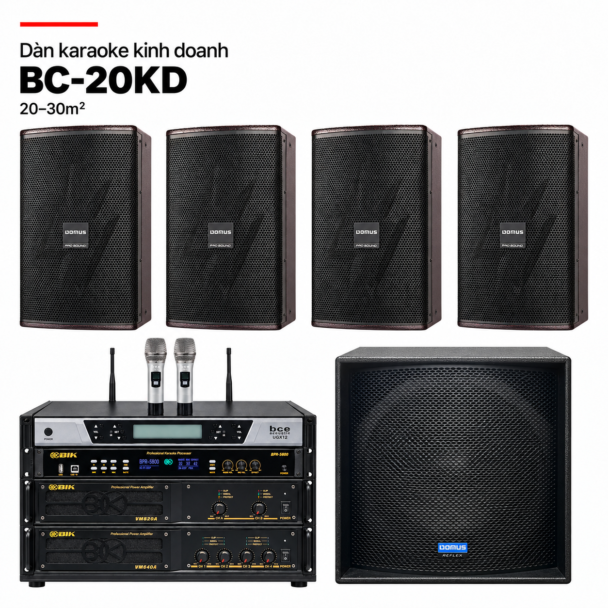 Dàn karaoke kinh doanh BC-20KD phòng 20–30m² với loa Domus và tủ thiết bị