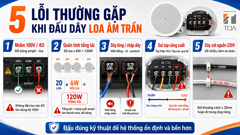 Cách đấu dây loa âm trần TOA đúng kỹ thuật và an toàn