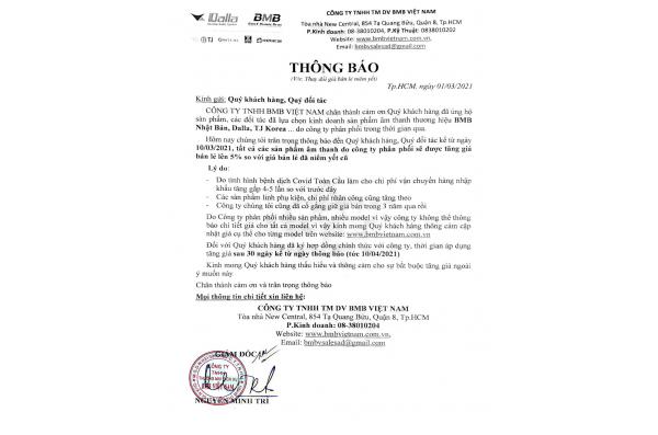 Hãng BMB Thông báo tăng giá bán lẻ của sản phẩm BMB