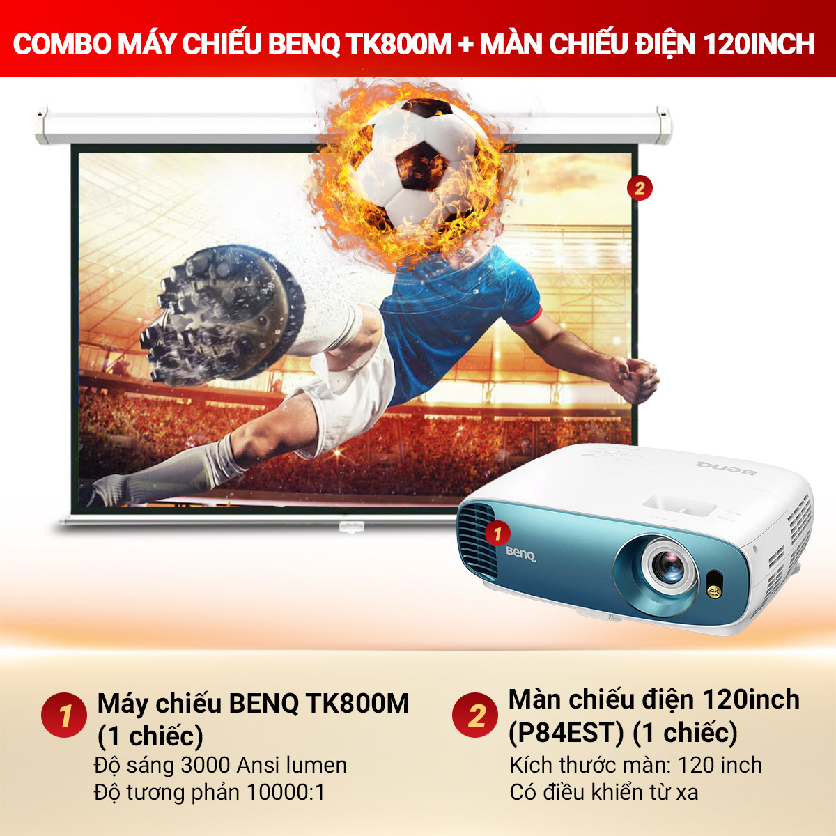 Combo M&aacute;y chiếu BENQ TK800M + M&agrave;n chiếu điện 120 inch