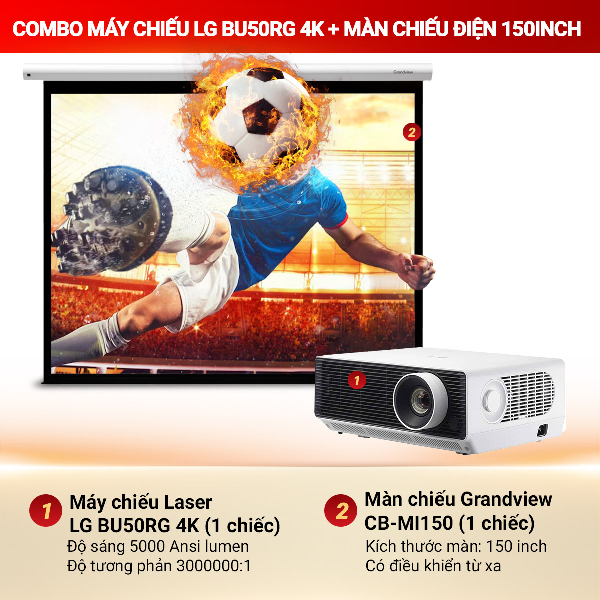 Combo m&aacute;y chiếu LG BU50RG 4K + M&agrave;n chiếu Grandview CB-MI150