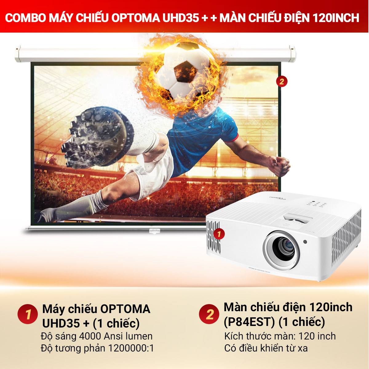 Combo M&aacute;y chiếu OPTOMA UHD35 + + M&agrave;n chiếu điện 120 inch