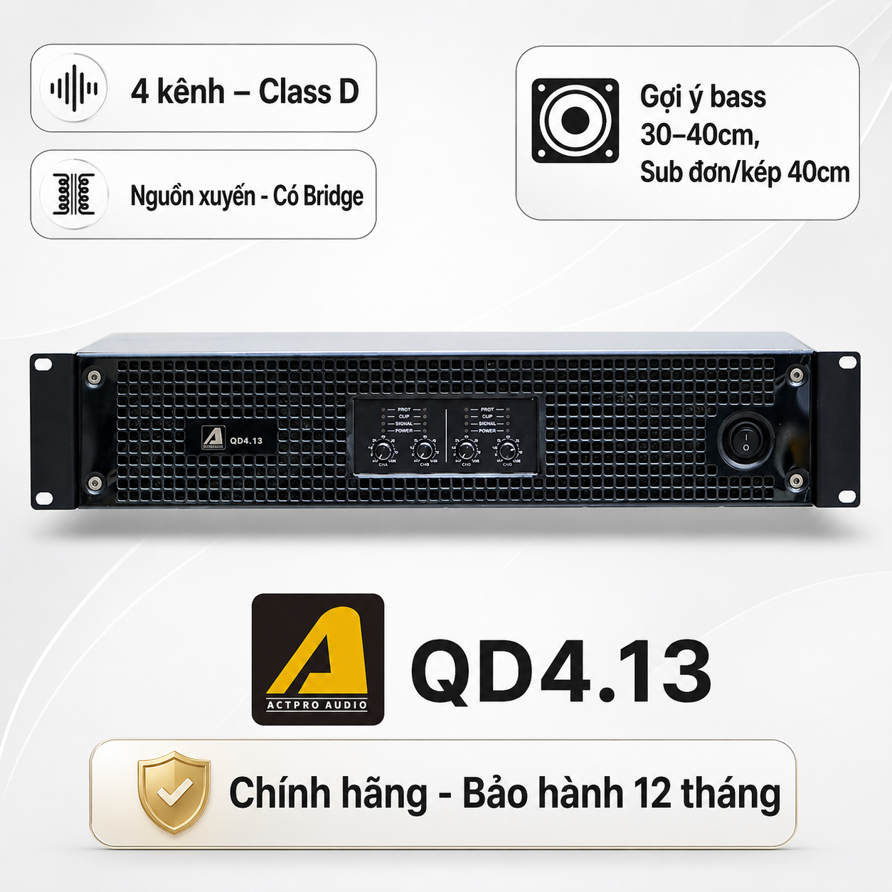 Cục đẩy công suất 4 kênh Actpro QD4.13 (Nguồn xuyến, Class D, 1300W/CH)