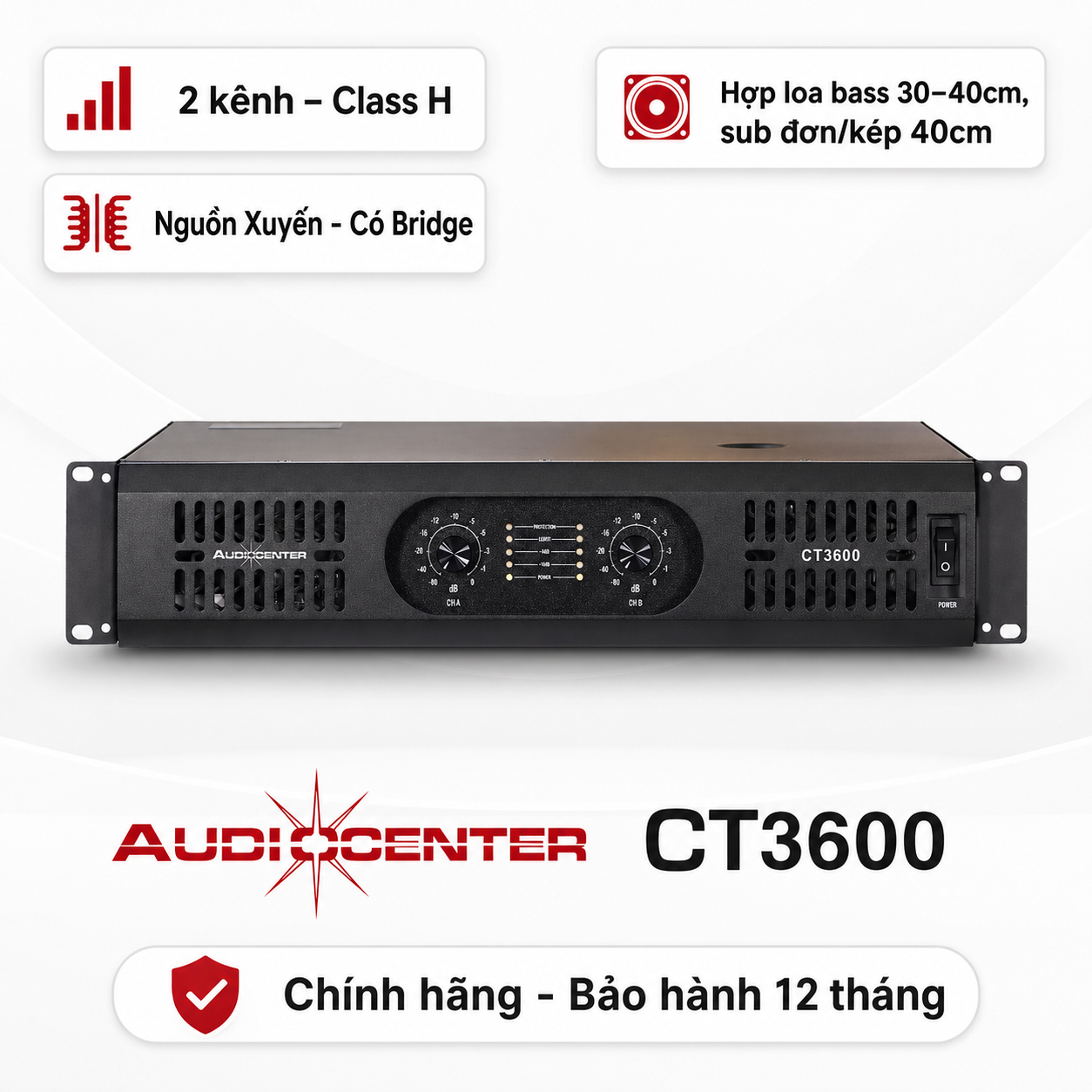 Cục đẩy 2 kênh Audiocenter CT3600 (1200W, class H, có Bridge)