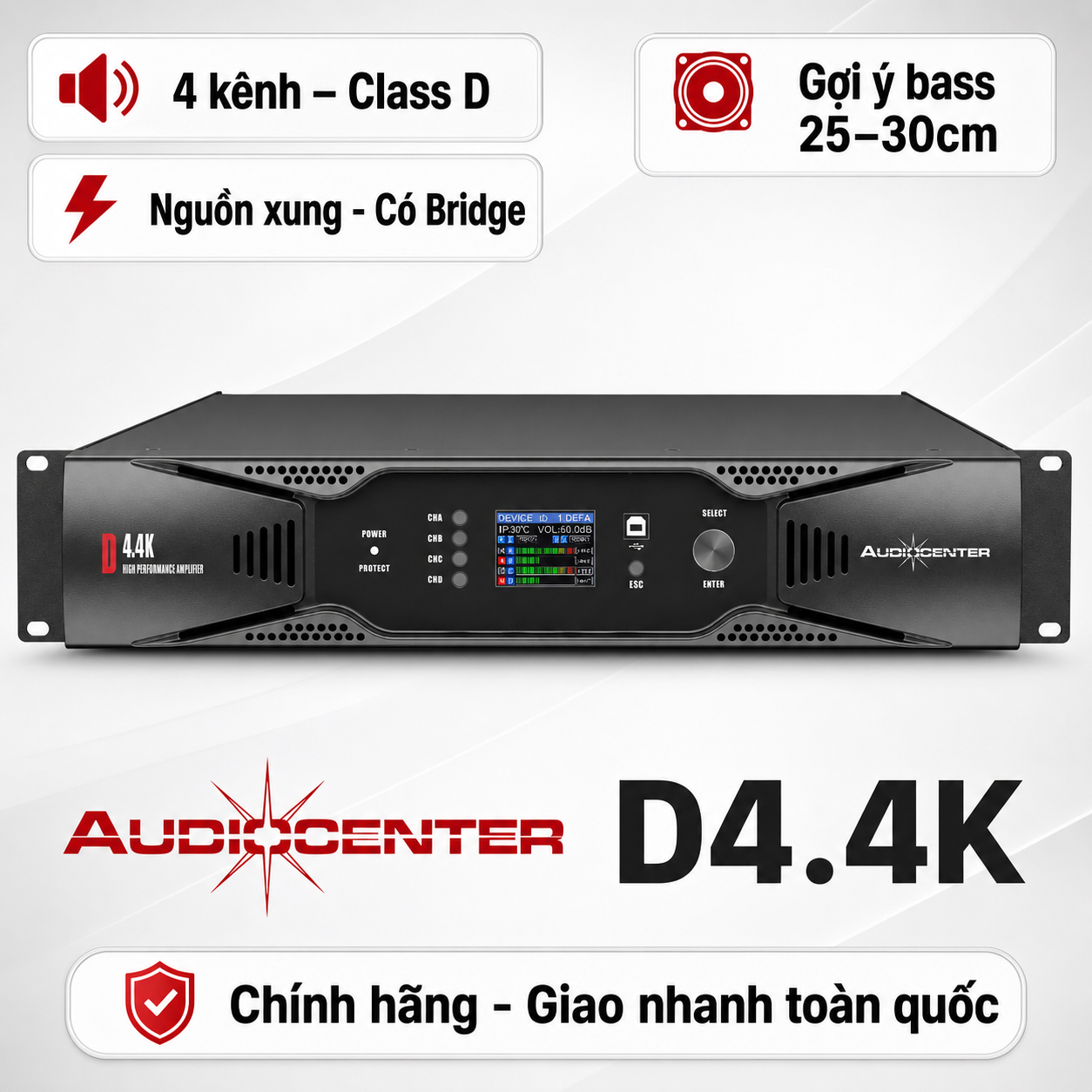 Cục đẩy 4 kênh Audiocenter D4.4K (600W, Class D, Có Bridge)