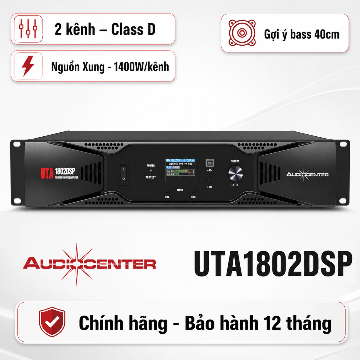 Cục đẩy 2 kênh Audiocenter UTA1802DSP (1400W, Class D)