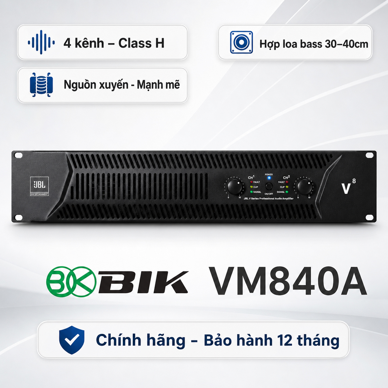 Cục đẩy công suất 4 kênh BIK VM 840A (Nguồn xuyến, Class H, 800W)