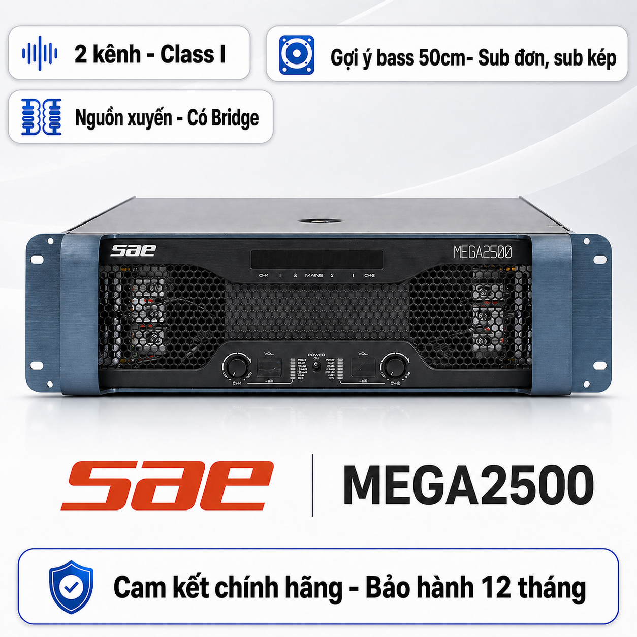 Cục đẩy công suất SAE MEGA2500 (2 kênh, 2500W, Class I) 