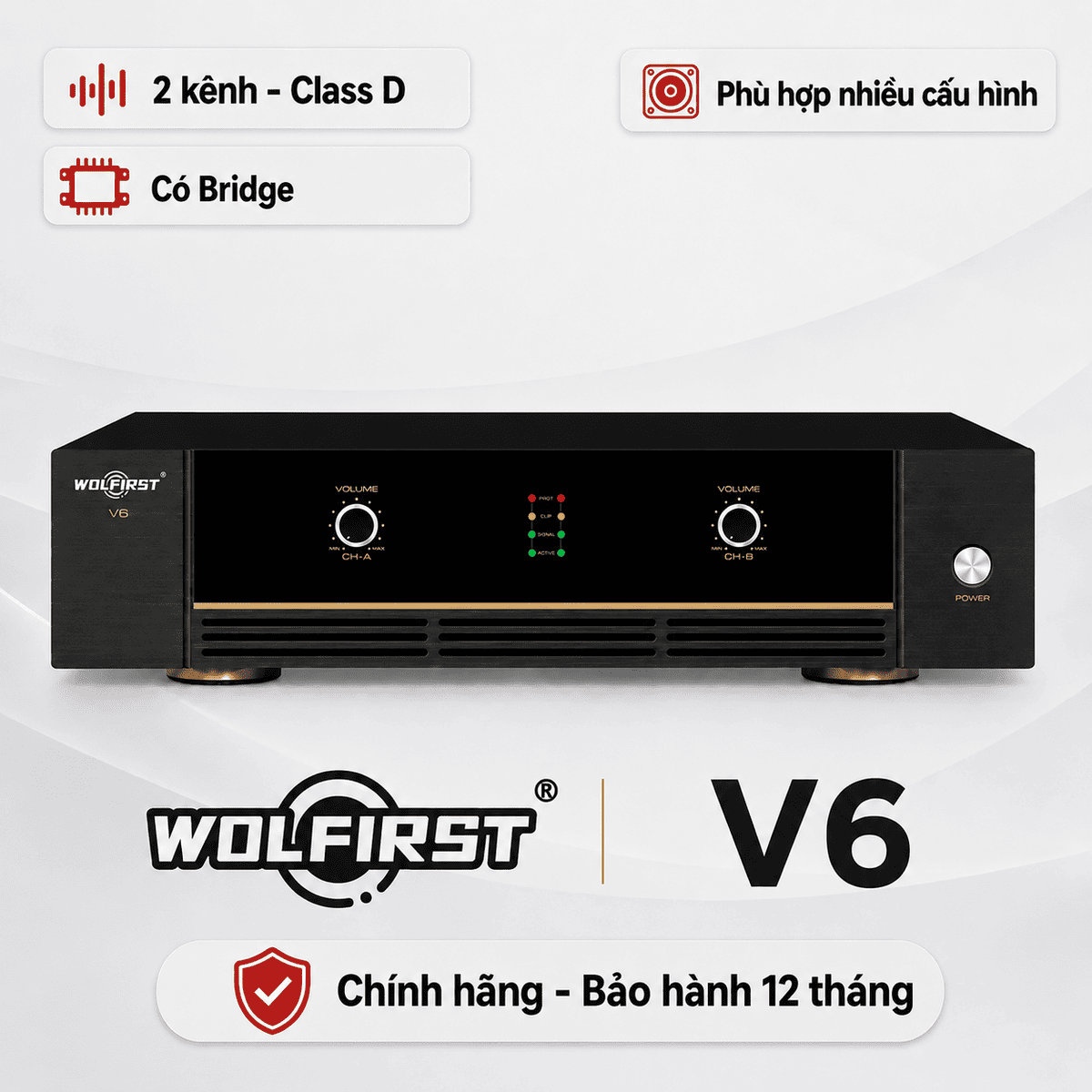 Cục đẩy công suất 2 kênh Wolfirst V6 (Class H, 600W)