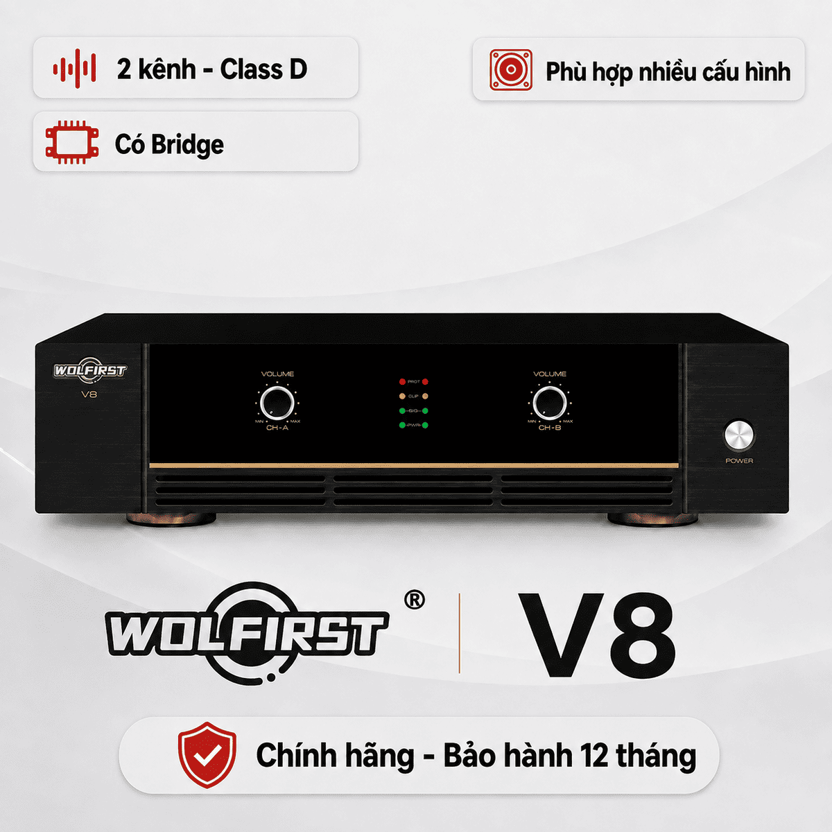 Cục đẩy công suất 2 kênh Wolfirst V8 (Class H, 800W)