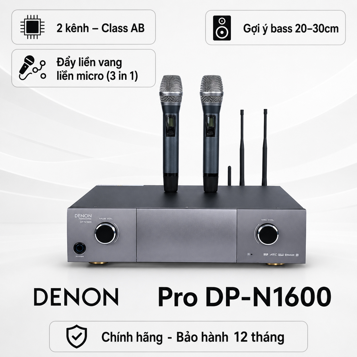 Amply Denon Pro DP-N1600 (tặng kèm 2 tay micro, 2 kênh, Class AB, 550W/CH - New)