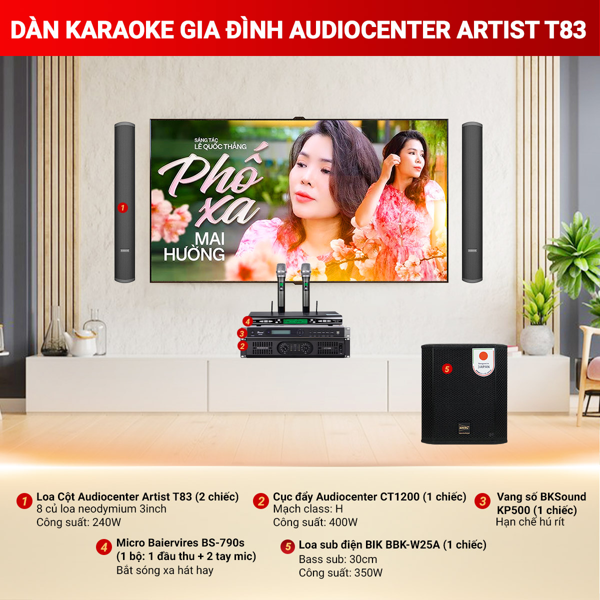 D&agrave;n Karaoke Gia Đ&igrave;nh gắn tường Audiocenter Artist T83